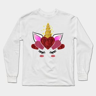 Cool Cute Unicorn Face Valentine’s Day Hearts Shirt Long Sleeve T-Shirt